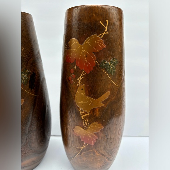 ANTIQUE IKEBANA JAPANESE CARVED & PAINTED WOODEN VASE WITH BIRD LEAF DECORATION - Picture 2 of 5